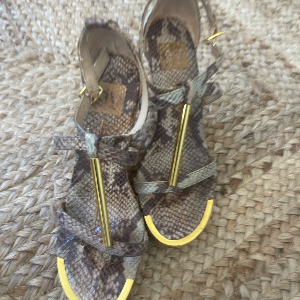 Sexy Sleek Dolce Vida Chic Sandals in Python print with gold accents Cork Wedge